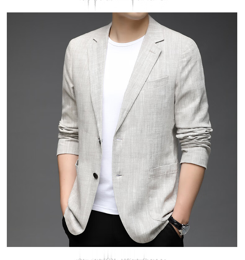 ROMON Men's Linen Casual Blazer Spring and Autumn Slim Fit Single-Breasted Solid Color Business Suit Jacket 15