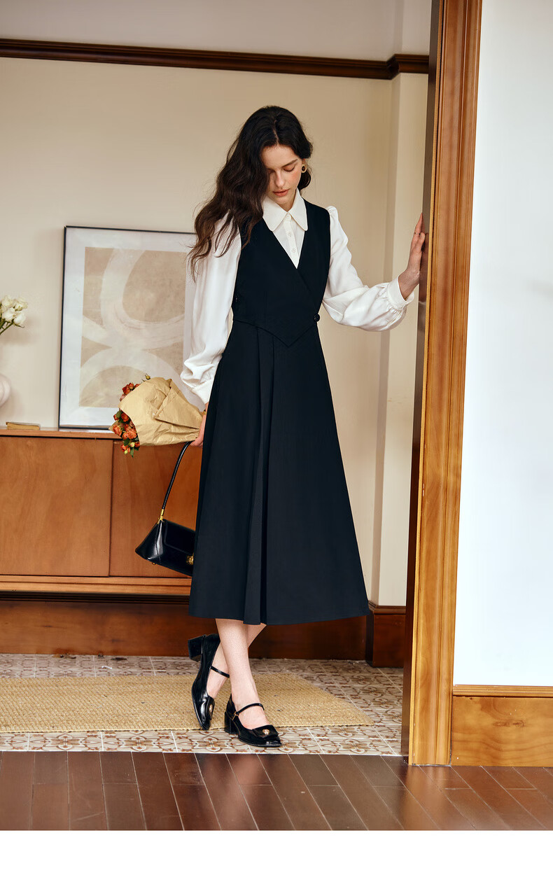 Olrain Elegant Color-Block Spliced Faux Two-Piece Dress Women Autumn New Long Sleeve Dress Black S 7