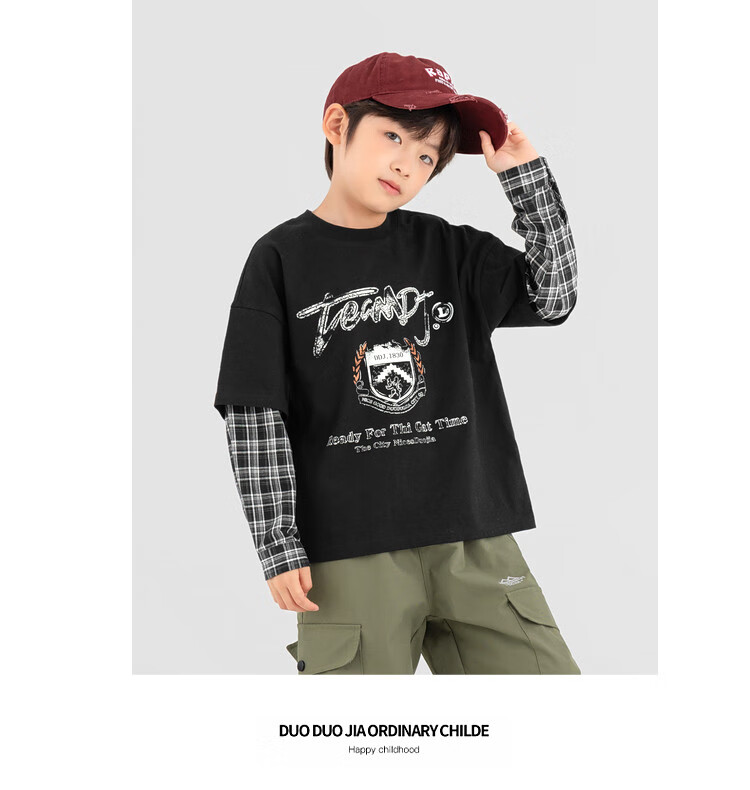Duoduojia Boys' Sweatshirt, Spring And Autumn Style, Patchwork Long Sleeve, Plaid Retro Print, Children's Faux Two-Piece, Korean-Style Academic Style Top 12