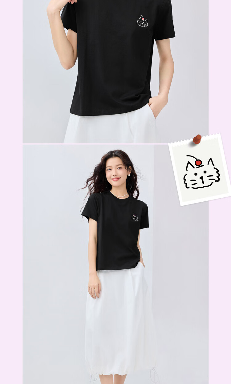 Giordano Women's Short-Sleeve T-Shirt, Summer Pure Cotton, Cute Animal Embroidery, Round Neck Top, 13325324 16
