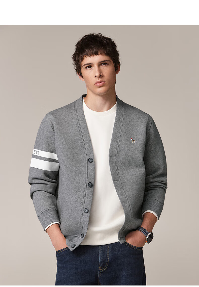 HAZZYS Men's Spring and Autumn V-Neck Casual Jacket with Color-Block Sleeves Cardigan Sweatshirt ABTZE0CCX34 8
