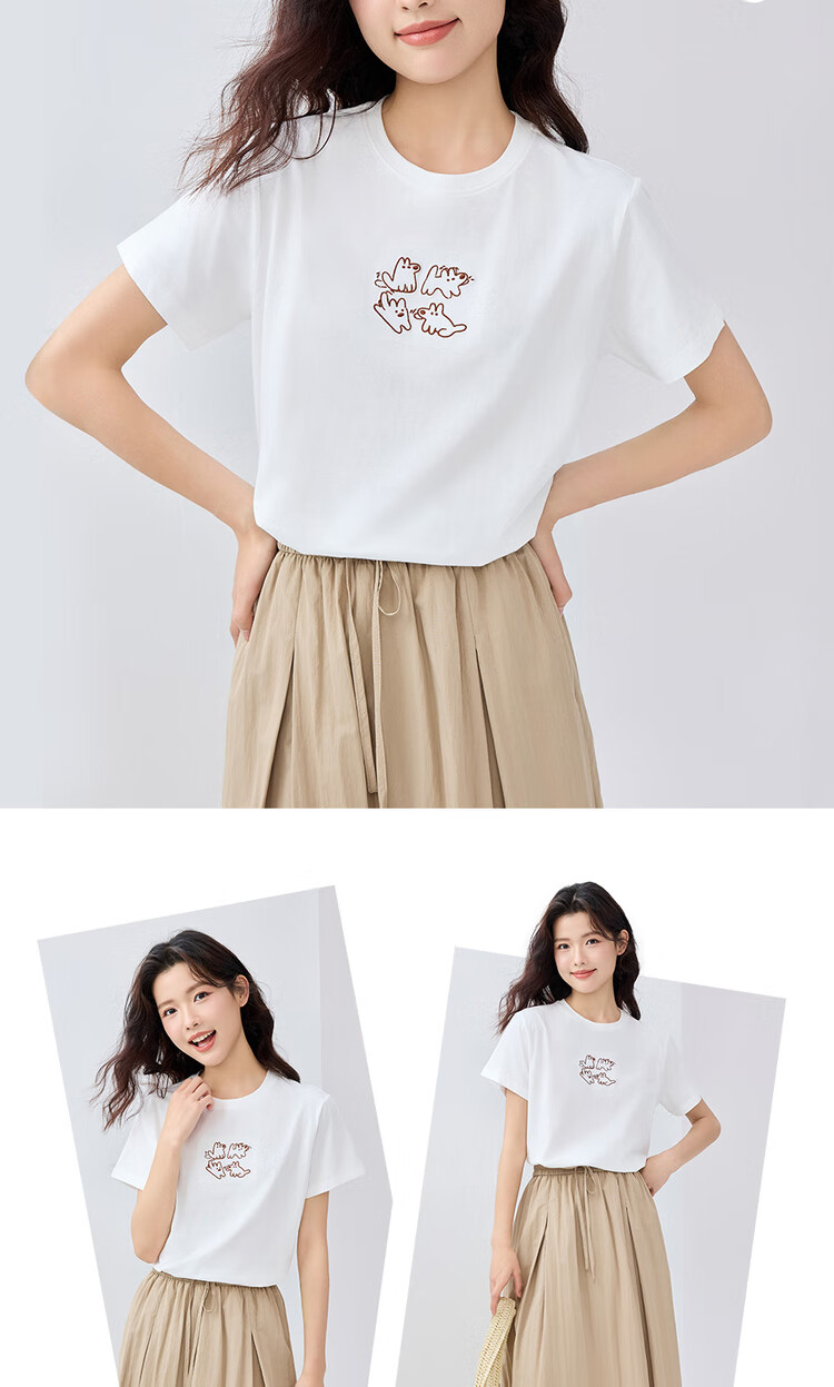 Giordano Women's Short-Sleeve T-Shirt, Summer Pure Cotton, Cute Animal Embroidery, Round Neck Top, Women's 05395381 13