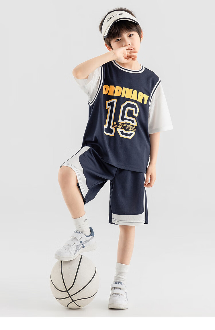 Duoduojia Boys' Sports Mesh Set, Summer Children's Fake Two-Piece Short-Sleeve Pants, Fashionable And Cool Basketball Outfit for Older Kids 32