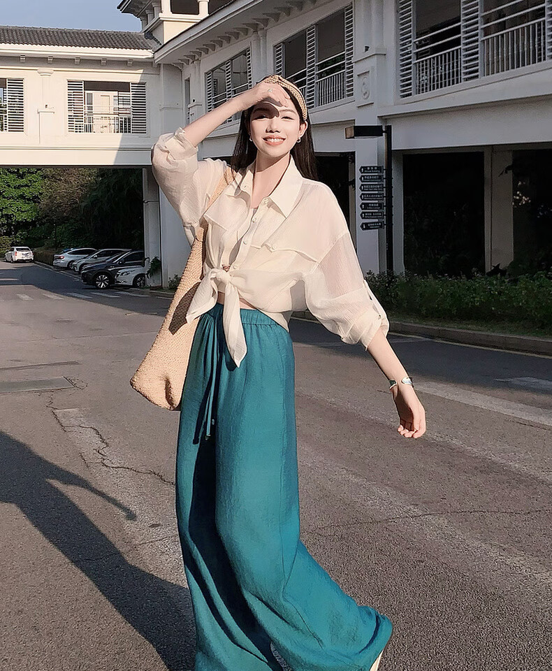 MEIYANG Blue Water Bay Casual Pants, Blue-Green (Regular Version), Size S 14