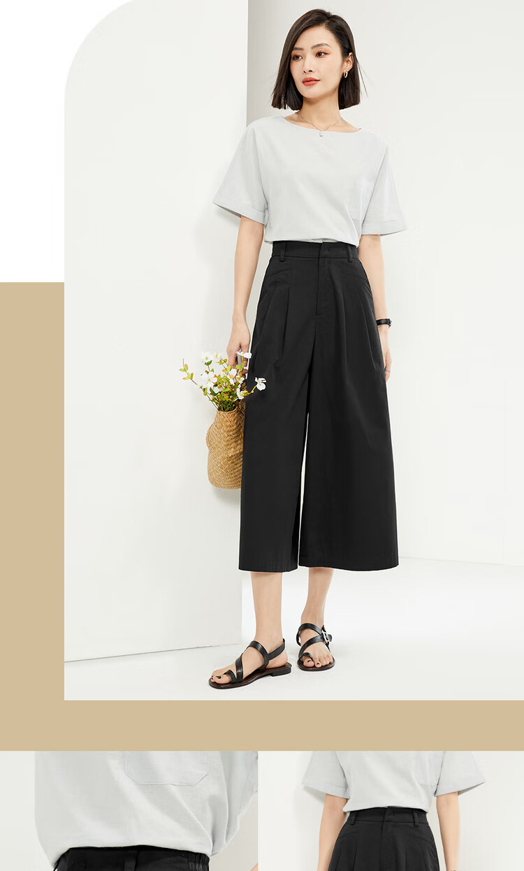Giordano Women's Cropped Pants, Summer New Style, Pure Cotton Pleated Wide-Leg Pants, Semi-Elastic Waist, Thin Skirt Pants, 05425328 10