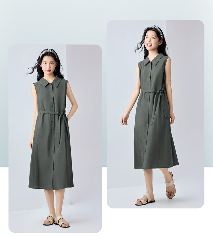Giordano Sleeveless Linen Dress for Women, Summer New Style, Cotton-Linen Lightweight Tie-Up Collar Vest Dress 13465353 18