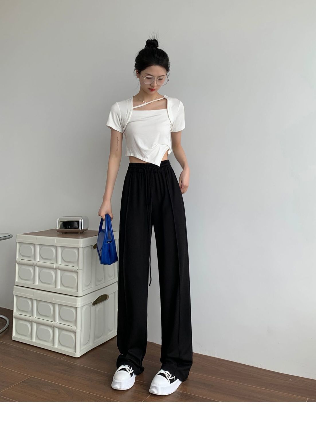 休闲裤女铜氨丝阔腿裤女学生夏季薄款高腰坠感宽松显瘦休闲抽绳直筒