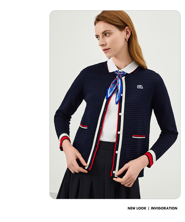 ELLE ACTIVE French Style Waffle Knit Cardigan for Women Casual Commuter Colorblock Soft Autumn Sweater Jacket Navy XL 3