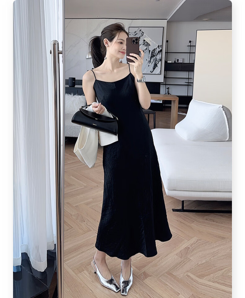MEIYANG Hepburn Prequel Acetate Spaghetti Strap Dress, Light Luxury Satin Thin Strap Commuter Dress, Black Extended Version, Size S 4