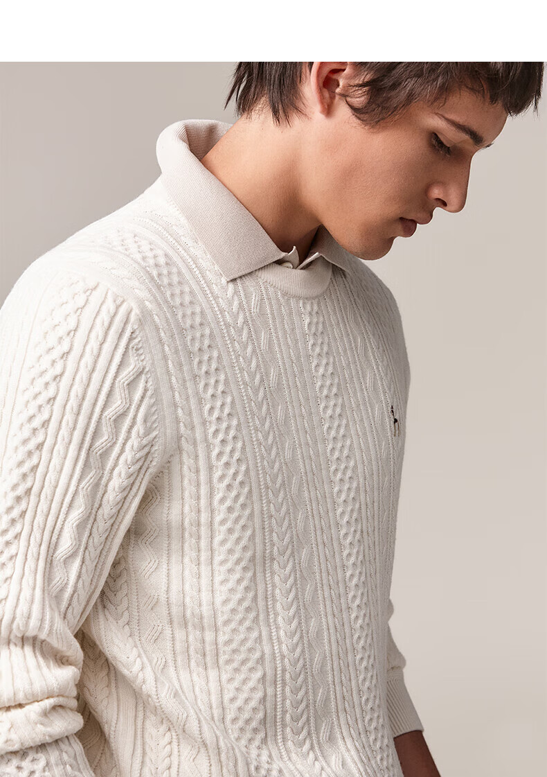 HAZZYS Men's Autumn Winter Casual Cable Knit Crew Neck Cotton/Wool Blend Sweater ABYZD0CCX30 13