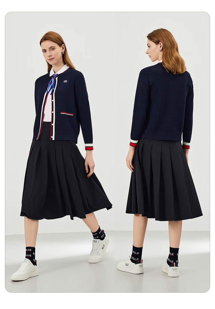 ELLE ACTIVE French Style Waffle Knit Cardigan for Women Casual Commuter Colorblock Soft Autumn Sweater Jacket Navy XL 4