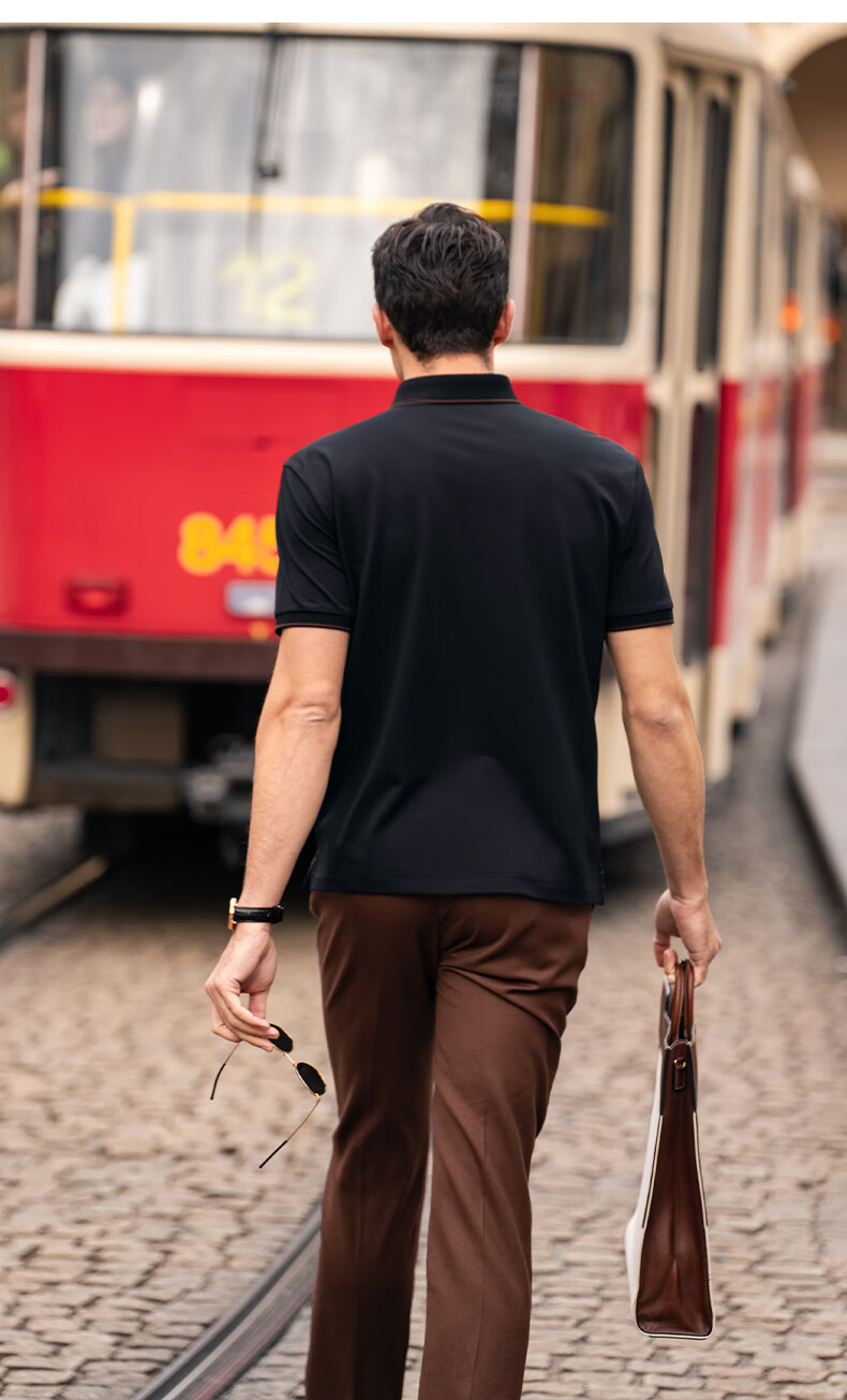 Mr. Bu Patented Collar Contrast Color Three-Button Polo Shell Button Breathable Short Sleeve T-Shirt Saddle Brown XL (180) 6