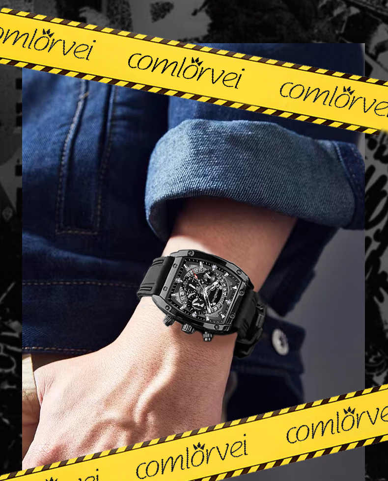 COMLORVEI Black Knight Series Trendy Men's Watch Three-Eye Six-Hand Multifunctional National Men's Watch Gift 682 7