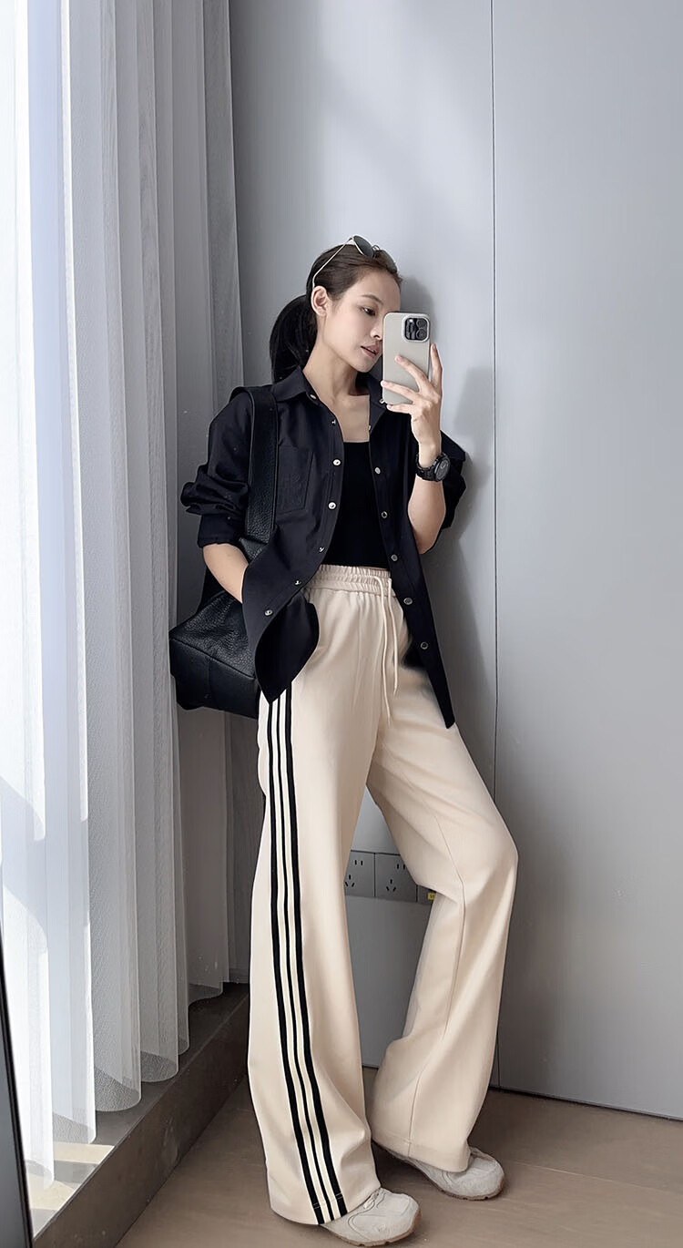 MEIYANG Raw Cheese Casual Pants, Exceptional Skin Feel Air Striped Straight-Leg, Beige Extended Version, S 7