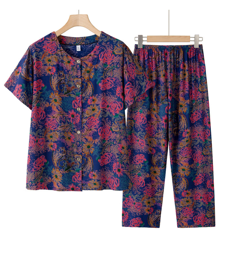 Fengxiao Middle-Aged and Elderly Women's Summer Cotton Silk Short Sleeve Set for 60-70 Year Olds Stylish Grandma Two-Piece Outfit 11