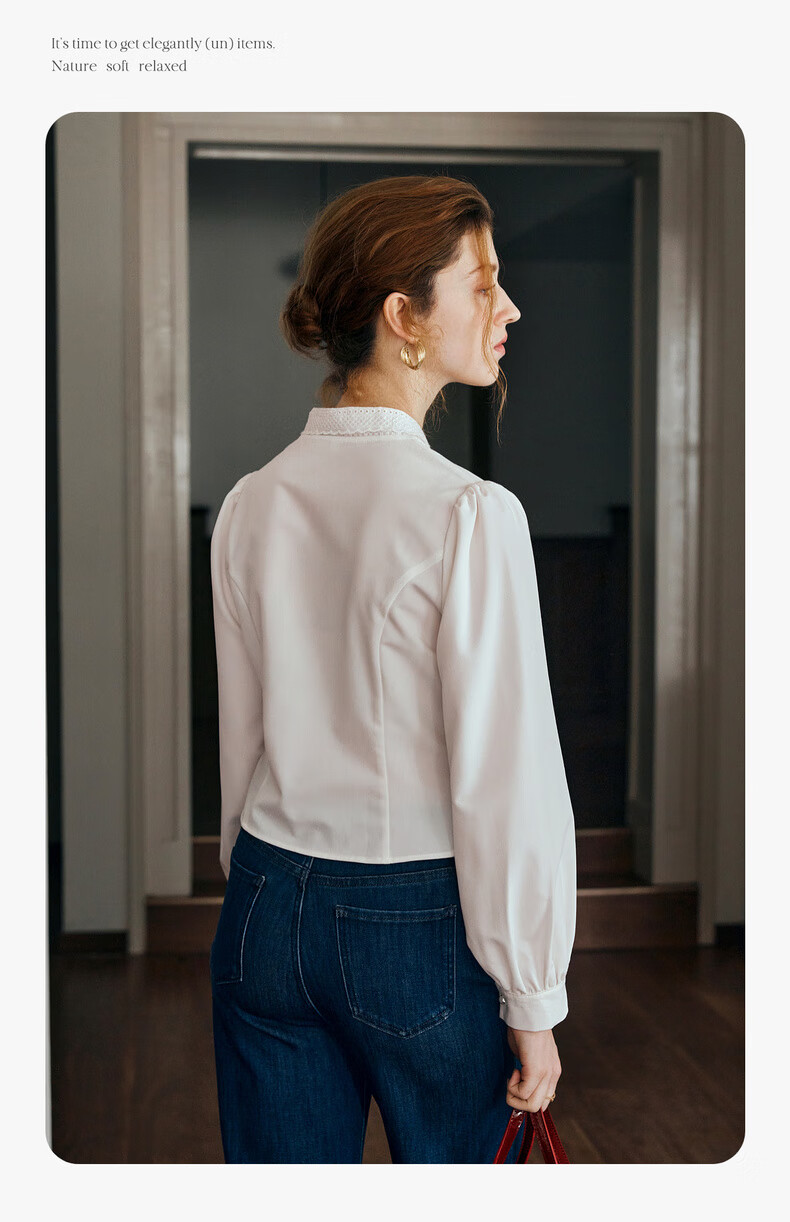 Oulain French Sweet Short Blouse for Women, Autumn New Style with Lace Trim And Ribbon, Casual Top, White, Size S 4