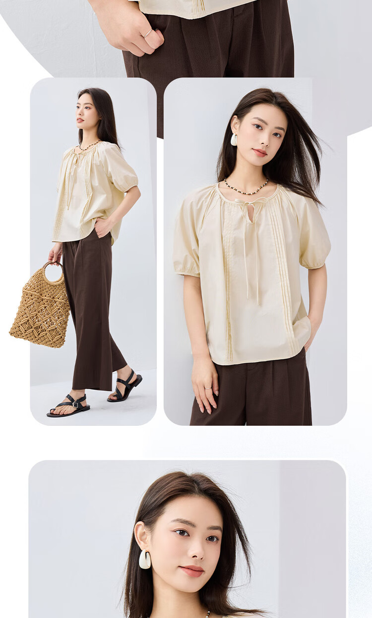 Giordano Women's Short-Sleeve Shirt, Pure Cotton, Brocade, Tie-Up Collar, Pleated, Raglan Sleeve, French Style, Elegant Blouse, 13345305 15
