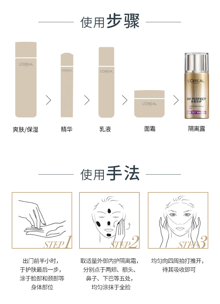 欧莱雅（L'OREAL）防晒霜隔离露防晒面部全身防晒多重防护隔离露保湿 小金管防晒30ml+晶露65ml