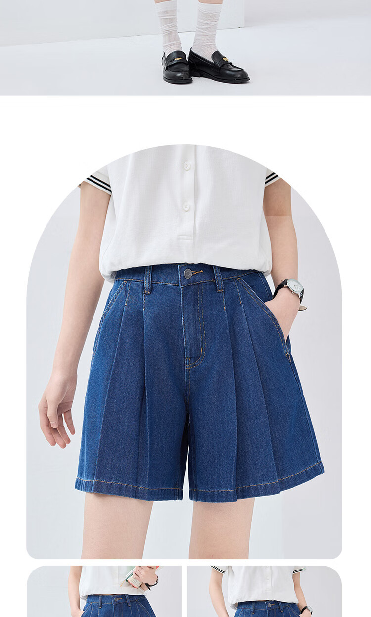 Giordano Women's Denim Shorts with High-Tech Cooling Pleated Fabric, Semi-Elastic Waistband, Lightweight Denim Pants 13405239 15