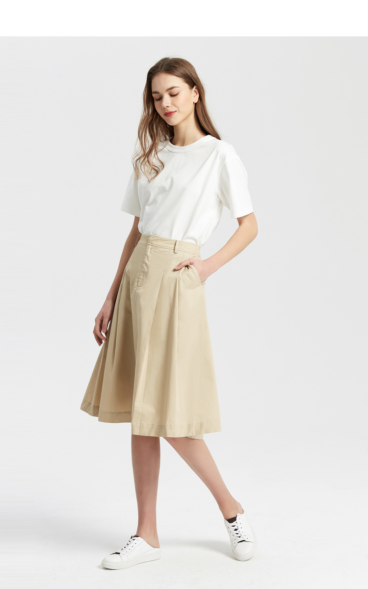 纯棉mecity女装休闲简约纯色高腰a字中长半身裙女杏仁色16572a