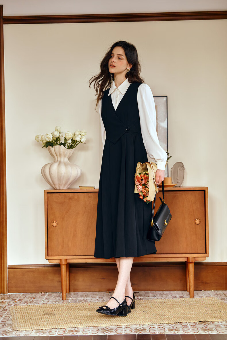 Olrain Elegant Color-Block Spliced Faux Two-Piece Dress Women Autumn New Long Sleeve Dress Black S 10
