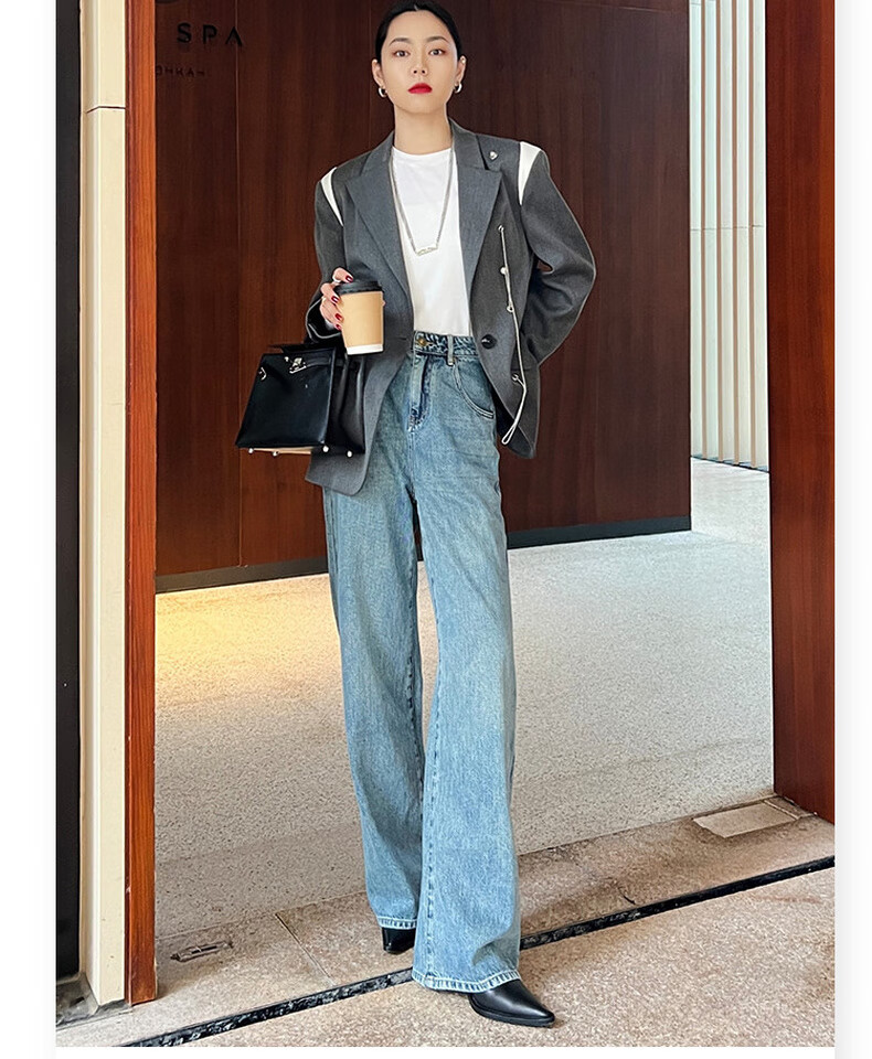 MEIYANG Spring Festival Denim Jeans, High-Waisted Straight Wide-Leg Floor-Length Pants [60 Series in Stock], Washed Blue, XL 3