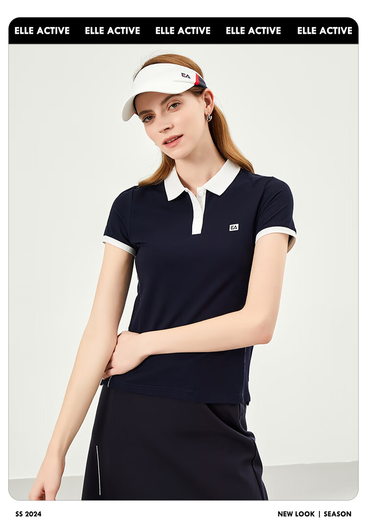 ELLE ACTIVE Fashion Slimming Color-Block Polo Shirt for Women Summer Short Sleeve Slim Fit Sports Casual Top Blue M 11