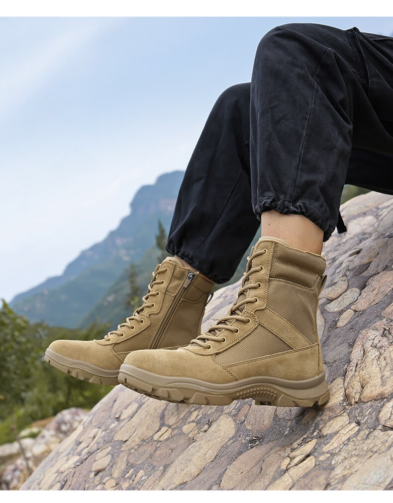 Qiangren Men's Desert Boots Jihua 3515 Original Training Boots Puncture-Resistant Sports Boots Side Zipper Outdoor Boots Sand Size 38 24