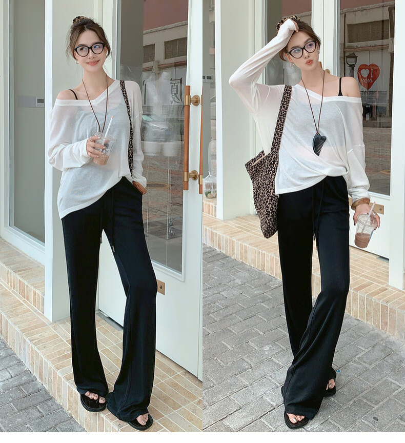 MEIYANG Ice Silk Casual Pants, Refreshing Summer Acetate Knit Straight-Leg Trousers, Black Regular Version, Size S 13