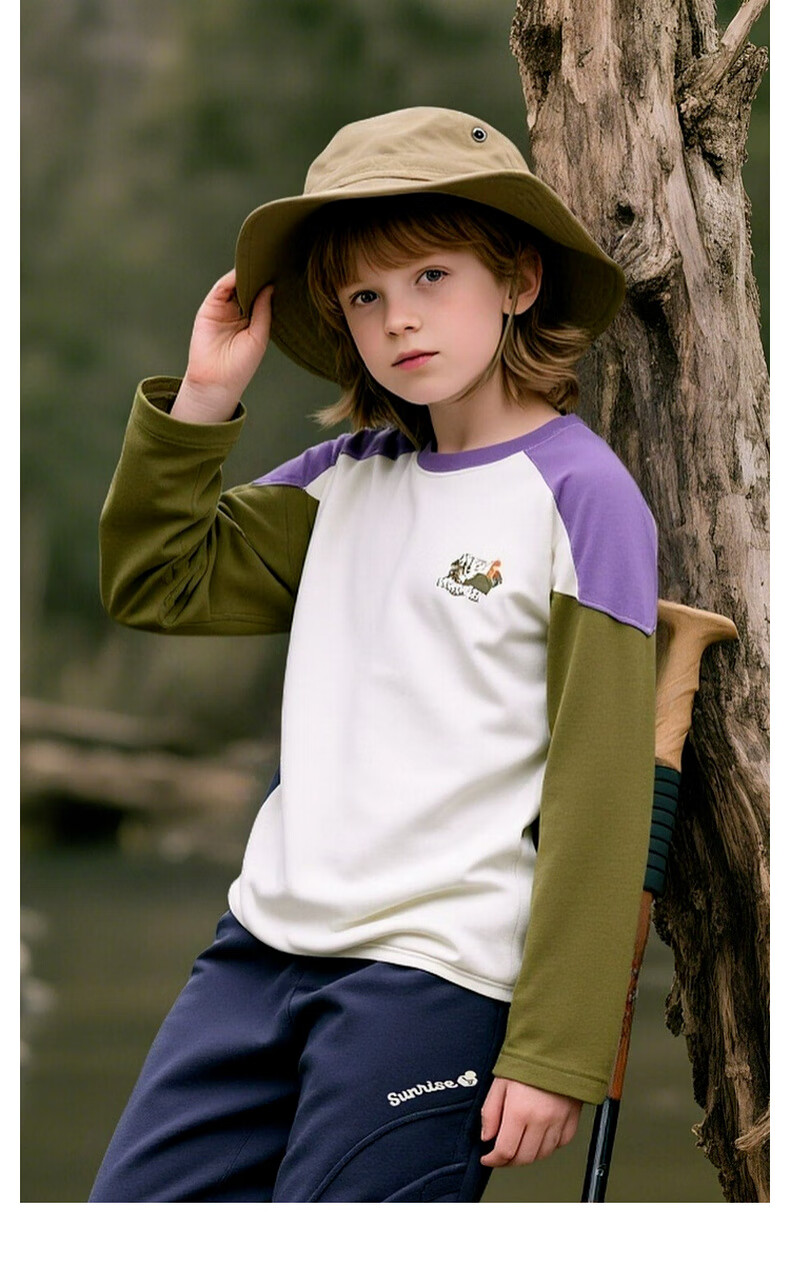 MQD Boys' Spring and Autumn Outdoor Camping Hiking Long Sleeve Colorblock Cartoon Skin-friendly T-Shirt Off-White 150 2