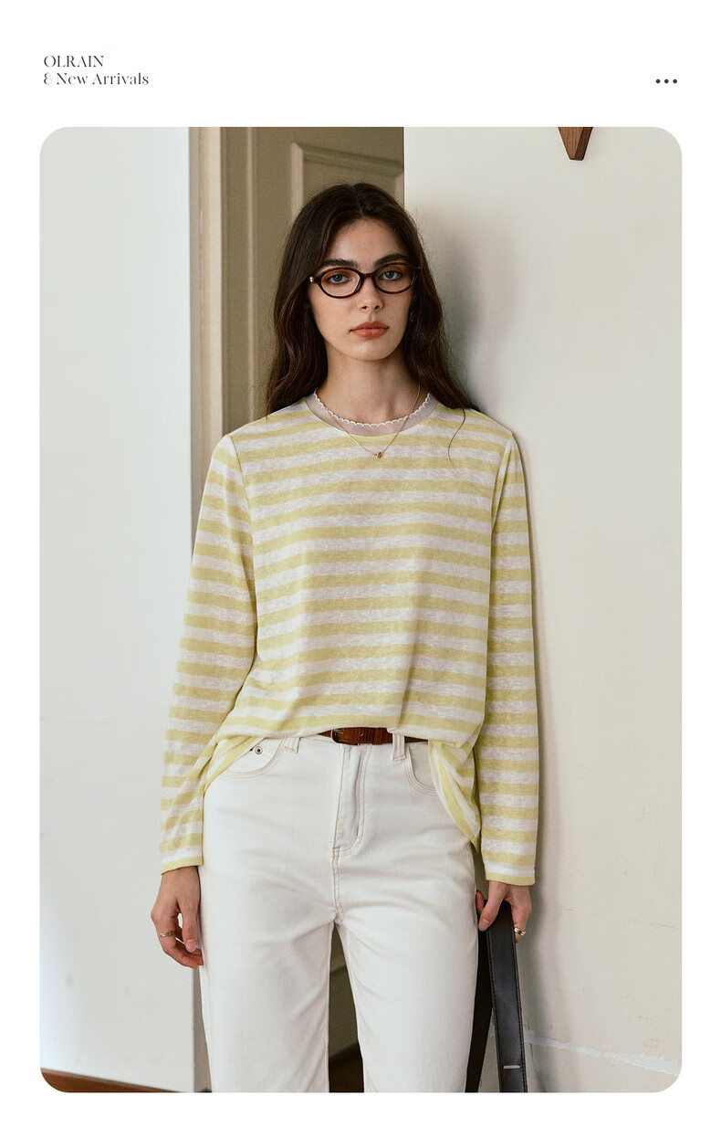 Oulain Round Neck Top Women's Clothing, Autumn New Style, Yellow Striped Pullover Long-Sleeve T-Shirt, Light Yellow, S 2