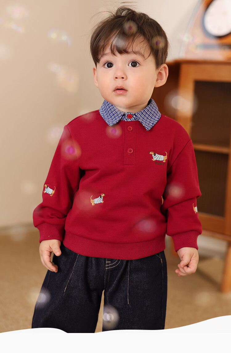 LUSON Xiao O Ba Baby Boy Spring And Autumn Sweatshirt Pullover, Red Faux Two-Piece Stylish Design, New Style for Autumn 2025, Infant Clothing 1