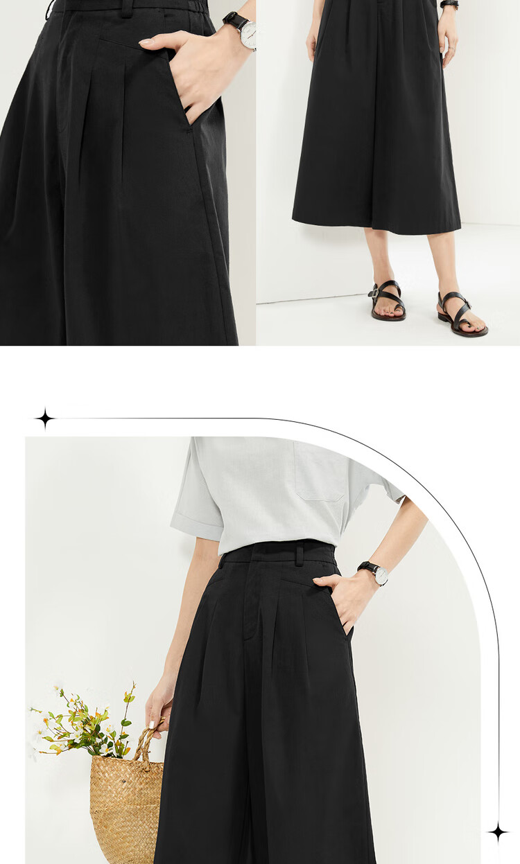 Giordano Women's Cropped Pants, Summer New Style, Pure Cotton Pleated Wide-Leg Pants, Semi-Elastic Waist, Thin Skirt Pants, 05425328 11