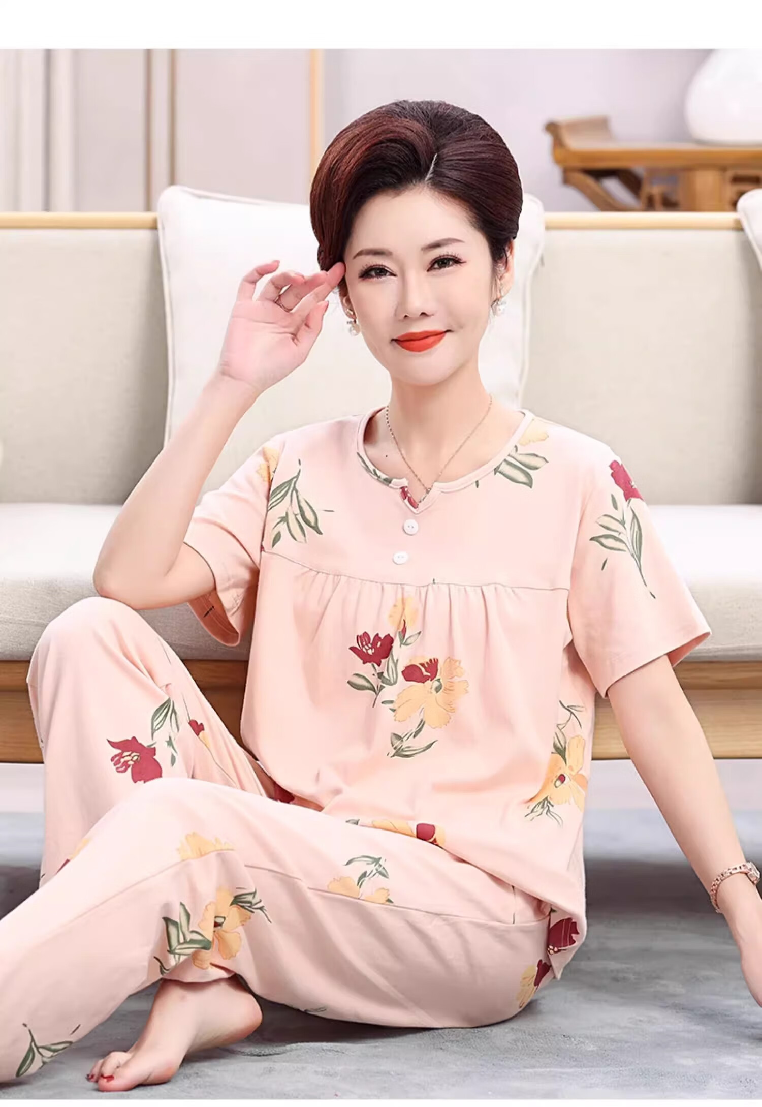 Yuzhaolin Middle-aged and Elderly Women's Spring Summer Cotton Pink Printed Loose Plus Size Casual Homewear Pajama Set 7