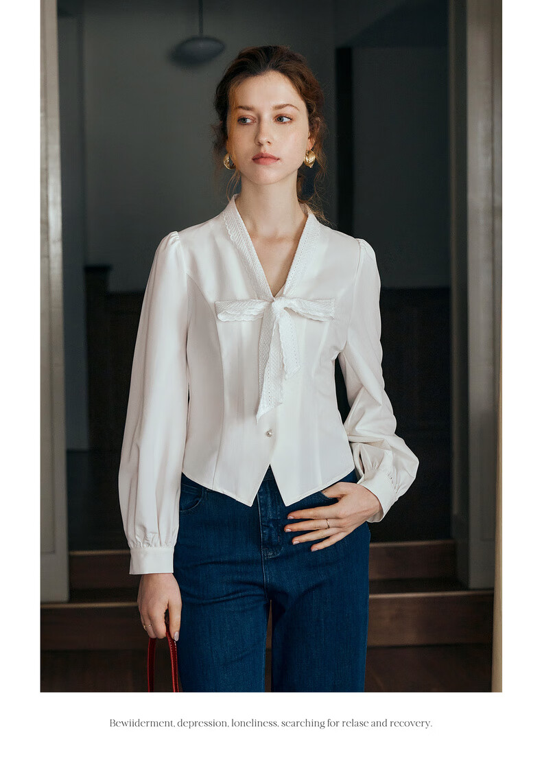 Oulain French Sweet Short Blouse for Women, Autumn New Style with Lace Trim And Ribbon, Casual Top, White, Size S 7