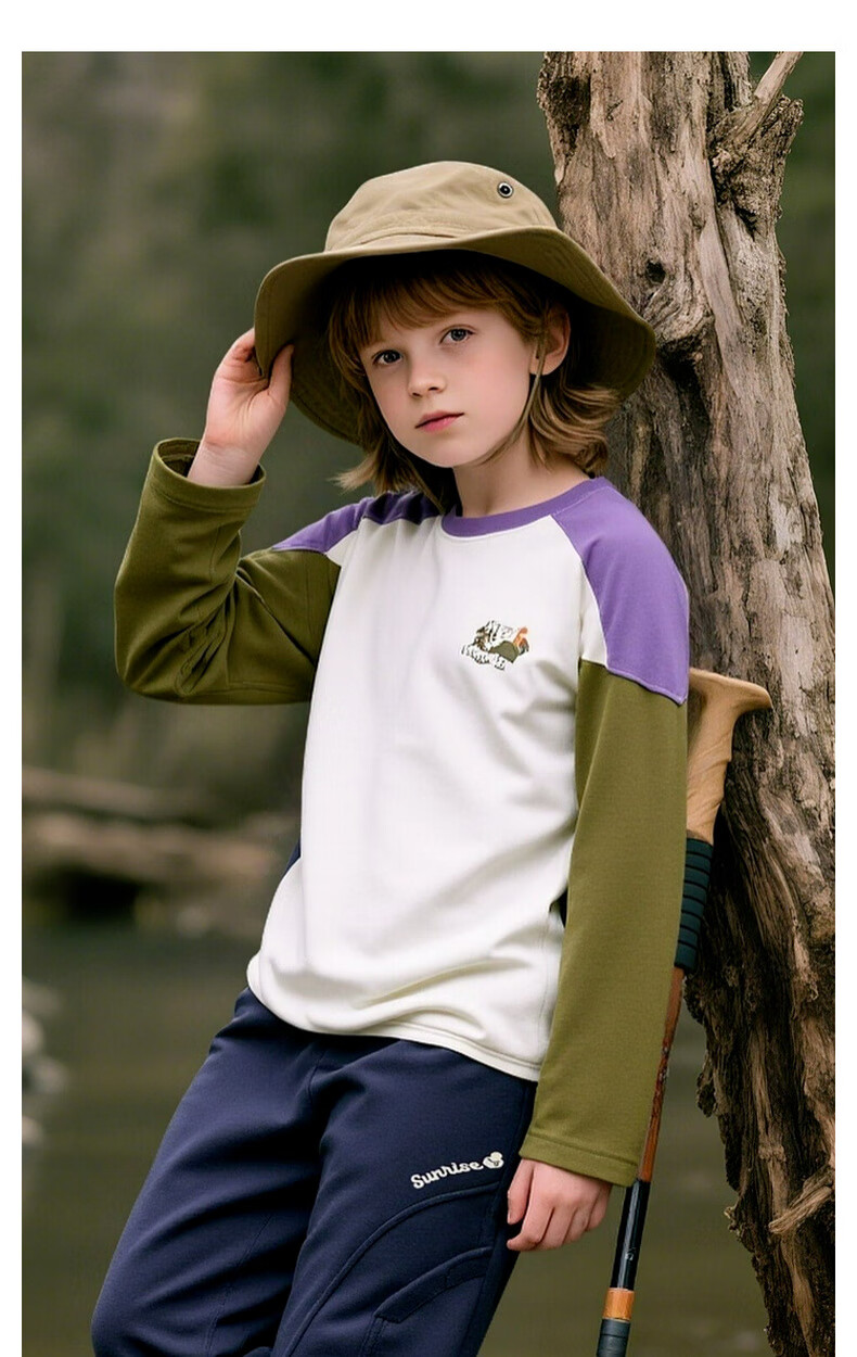 MQD Boys' Spring and Autumn Outdoor Camping Hiking Long Sleeve Colorblock Cartoon Skin-friendly T-Shirt Off-White 150 10