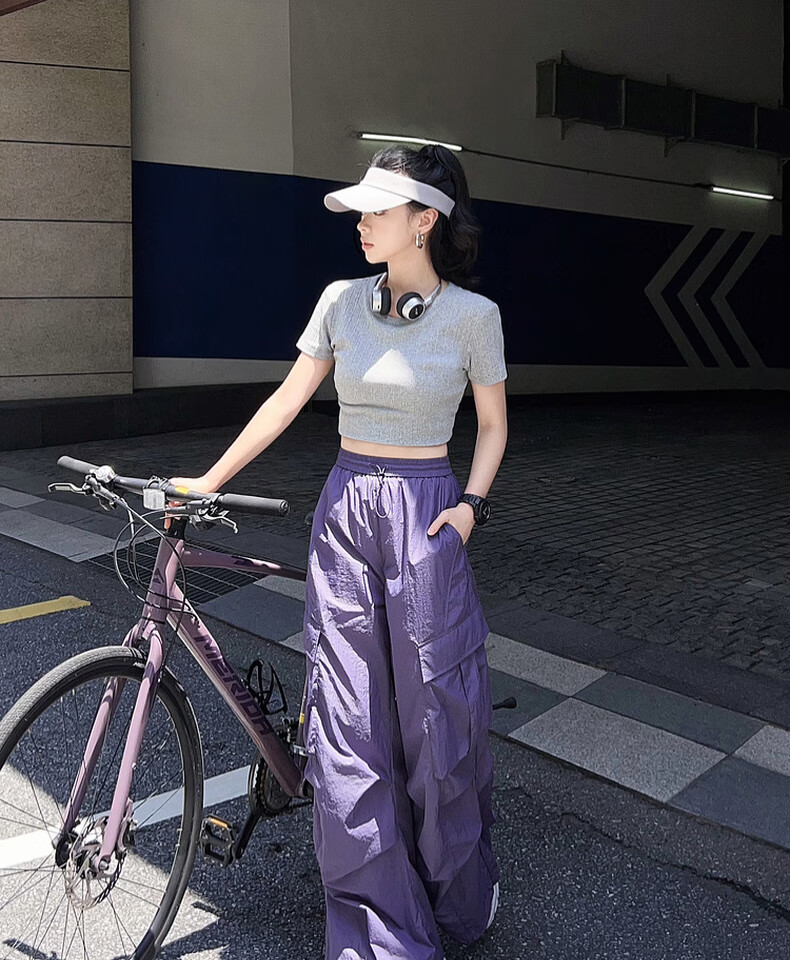 MEIYANG Sun Protection Pants UPF50+, Slightly Wrinkled Pleated Cargo Pants [Small 70 in Stock], Purple, L 12