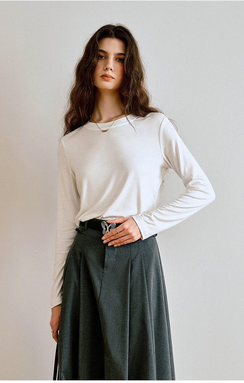 Oulain French Plain Color Basic Versatile Long-Sleeve T-Shirt, Autumn New Simple Fashion Top, Coffee Color, XL 3