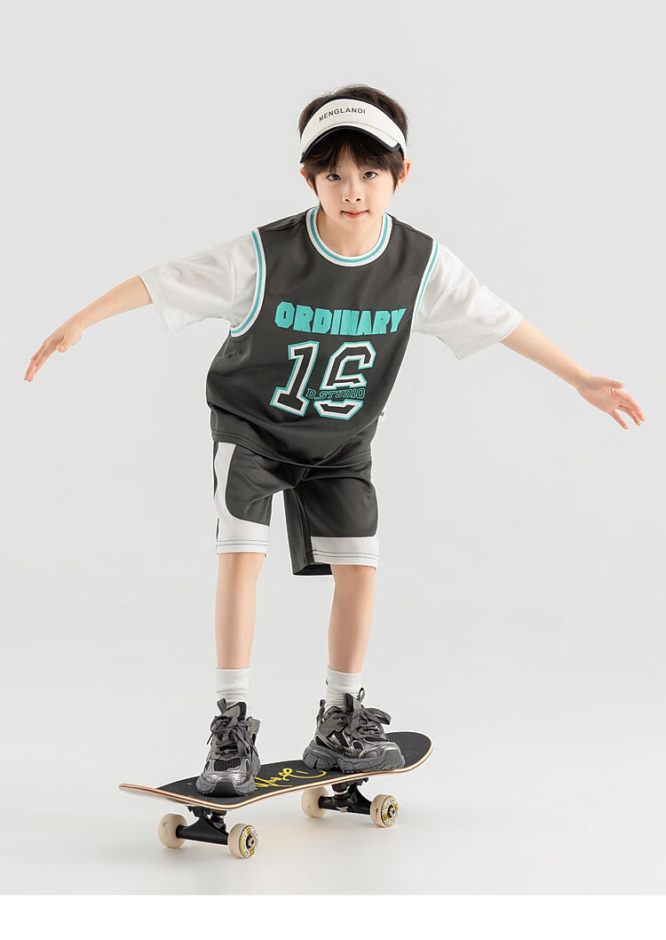 Duoduojia Boys' Sports Mesh Set, Summer Children's Fake Two-Piece Short-Sleeve Pants, Fashionable And Cool Basketball Outfit for Older Kids 29