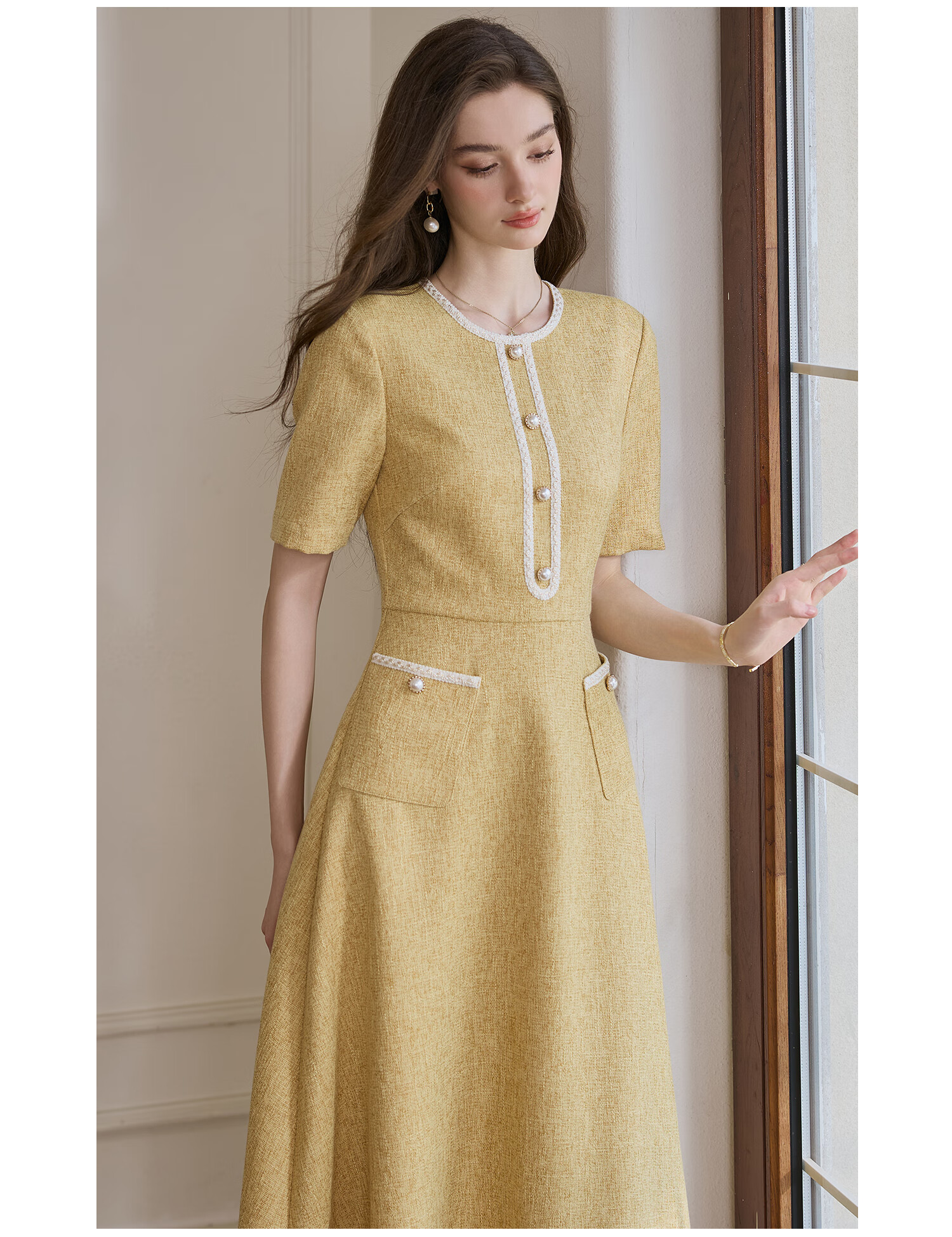 ROEYSHOUSE Elegant Waist-Cinching Flared Dress, Summer Style, Chanel-Inspired Mid-Length Dress 11594, Yellow, S 9