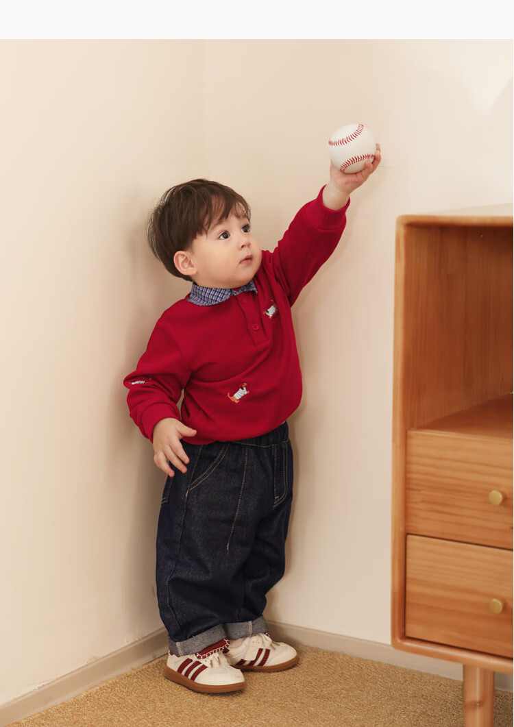 LUSON Xiao O Ba Baby Boy Spring And Autumn Sweatshirt Pullover, Red Faux Two-Piece Stylish Design, New Style for Autumn 2025, Infant Clothing 12