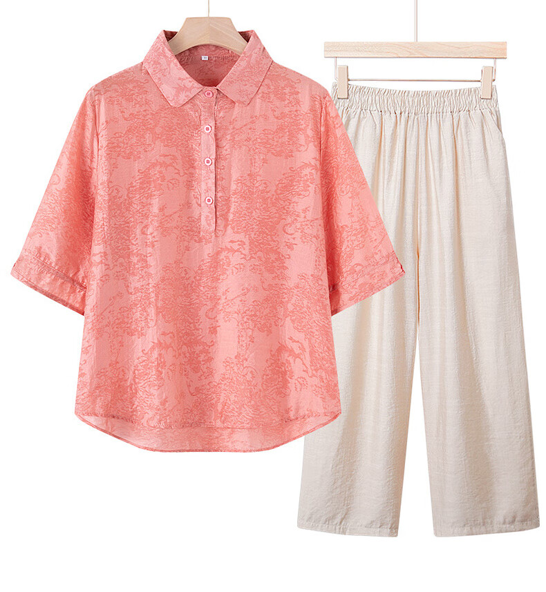 Yalu Middle-aged and Elderly Women's Summer Set 2026 New Mom's Fashionable Short Sleeve Shirt for Women Aged 40-50 9