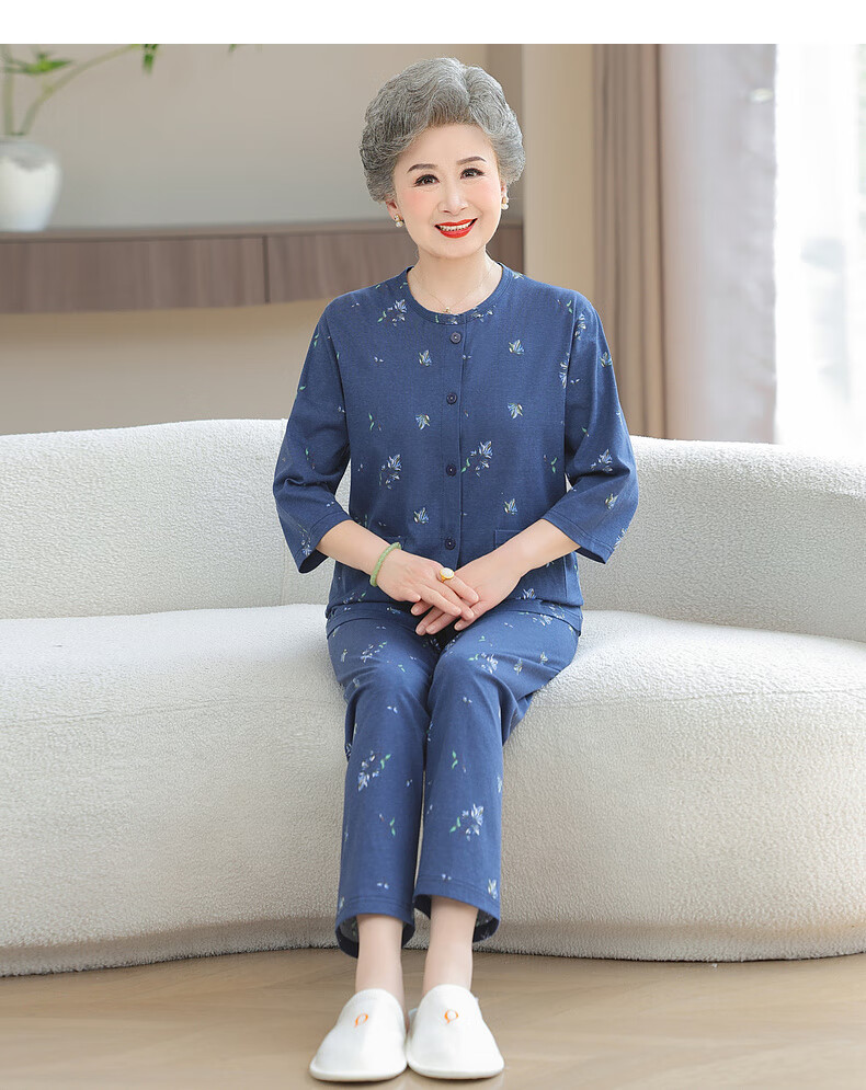 Fengxiao Middle-aged and Elderly Mom Spring Pajama Set Two-piece Pure Cotton Elderly Homewear Grandma Loose Long Sleeve Suit 16
