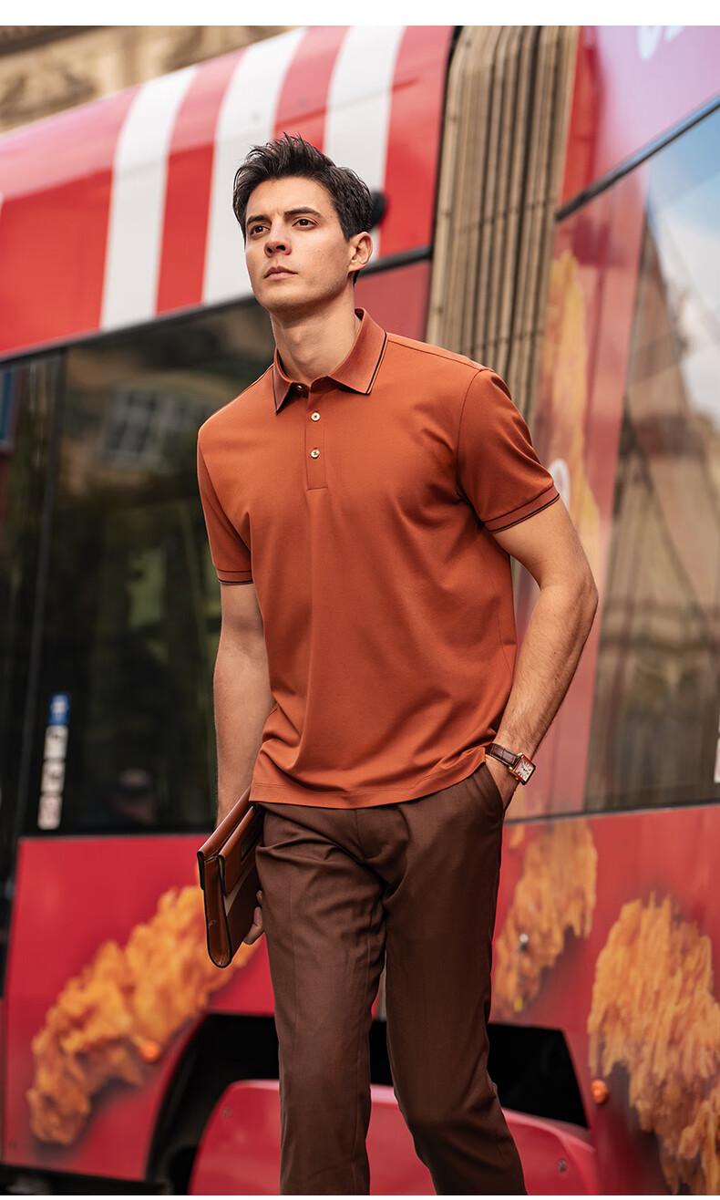 Mr. Bu Patented Collar Contrast Color Three-Button Polo Shell Button Breathable Short Sleeve T-Shirt Saddle Brown XL (180) 9