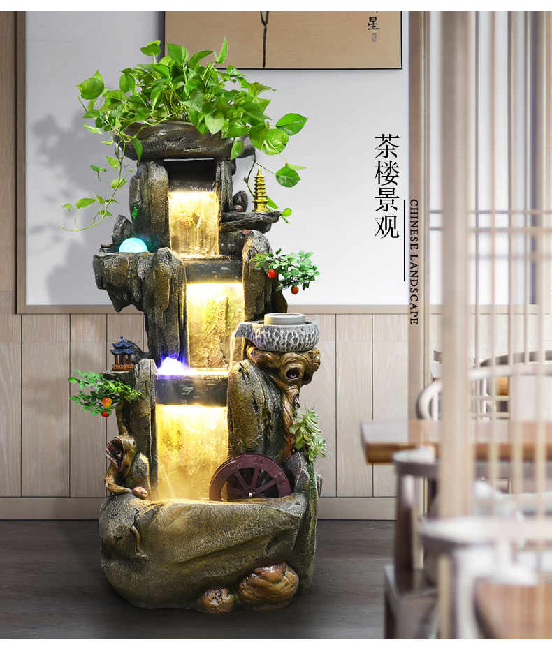 景观造景客厅高山水幕墙风水轮招财室内转运 大假山水幕墙屏风(带鱼缸