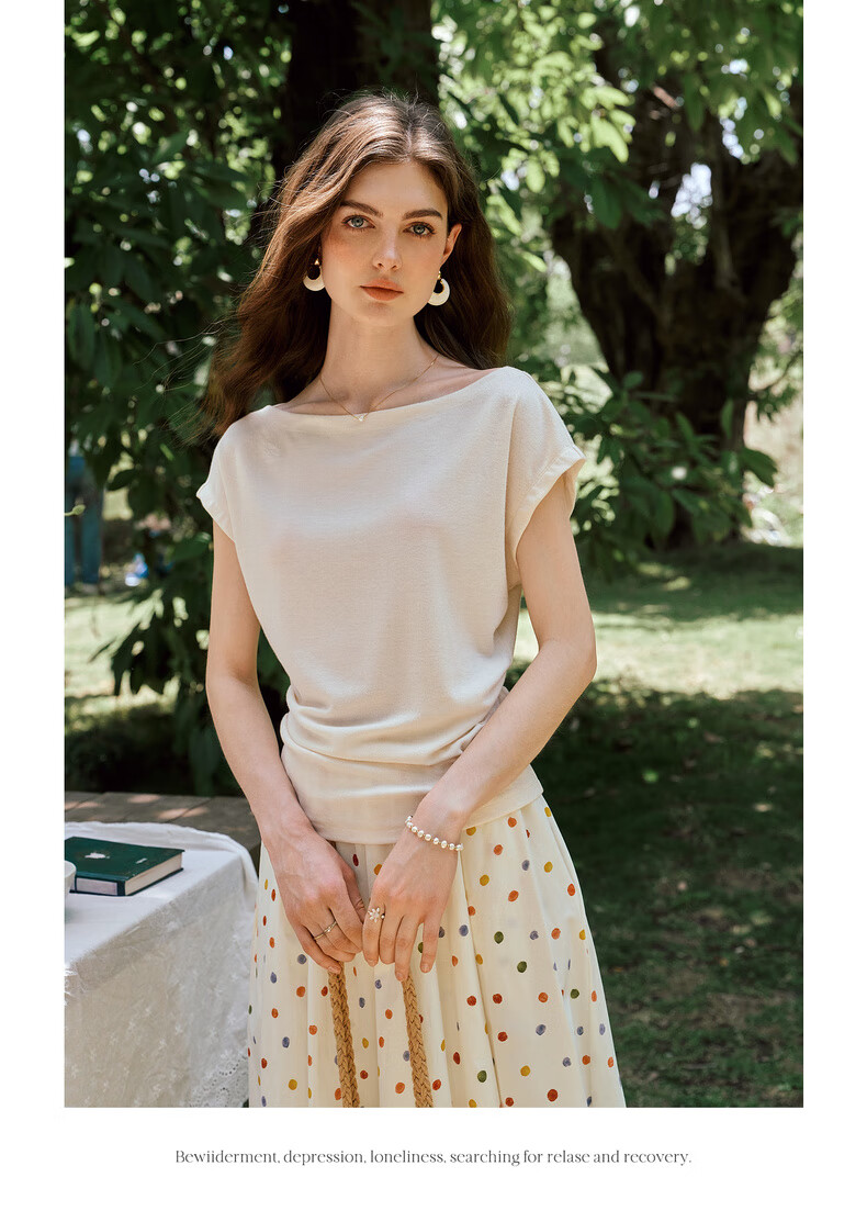Olrain European Style Elegant Off-Shoulder Slim Fit T-Shirt Women Summer Slimming Youthful Top Apricot XL 14