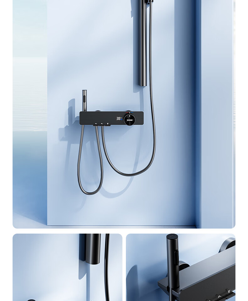 SSWW Shower Set Small Apartment Digital Display All-Copper Bathroom Split Simple Piano Key Pressurized Shower TS9 30