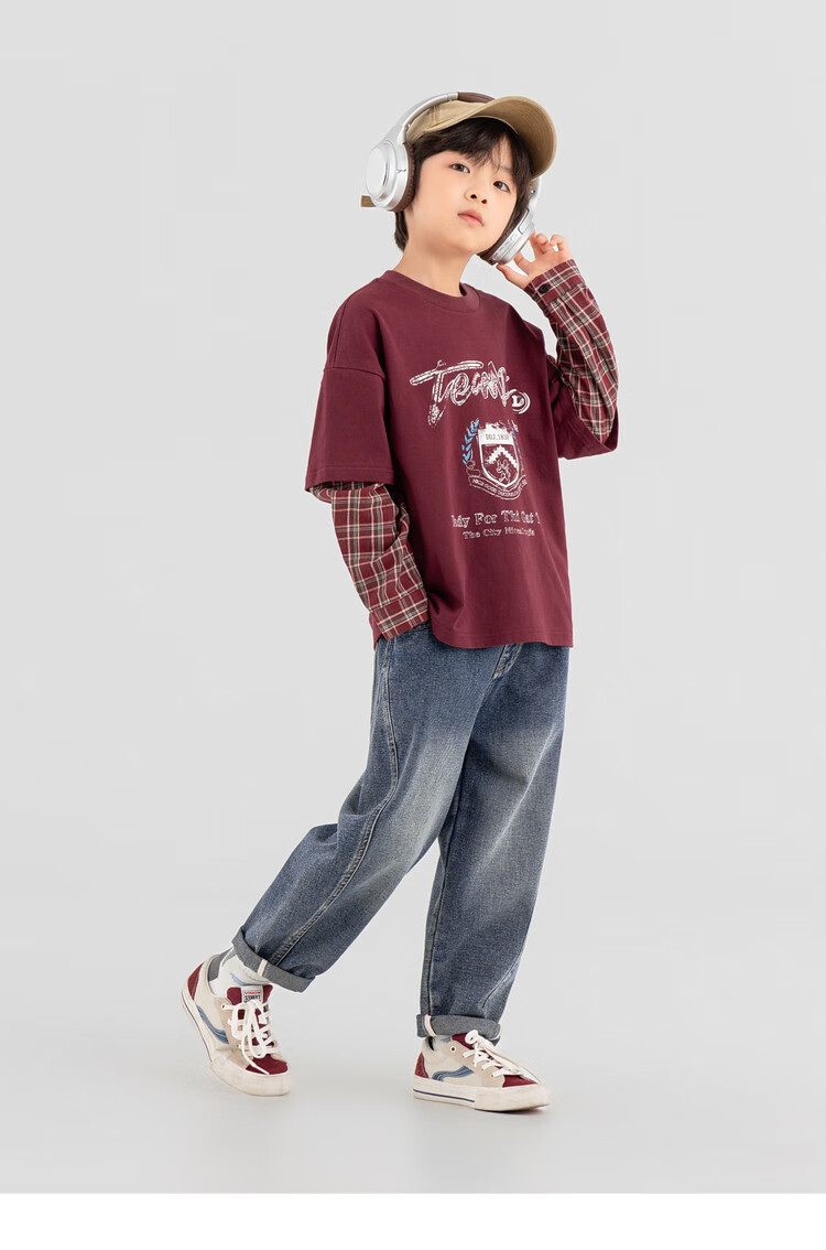 Duoduojia Boys' Sweatshirt, Spring And Autumn Style, Patchwork Long Sleeve, Plaid Retro Print, Children's Faux Two-Piece, Korean-Style Academic Style Top 26