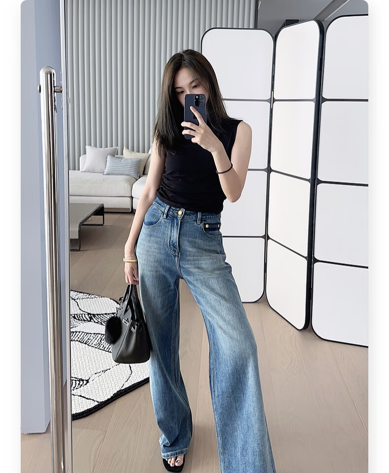 MEIYANG Jelly Denim Jeans Double Core Yarn Elastic Draped Vintage Wide-Leg Pants Blue Regular Fit L 5