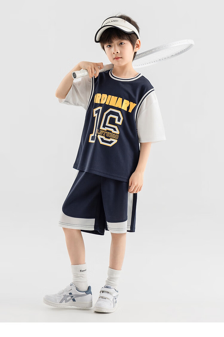 Duoduojia Boys' Sports Mesh Set, Summer Children's Fake Two-Piece Short-Sleeve Pants, Fashionable And Cool Basketball Outfit for Older Kids 31